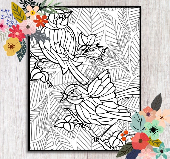 Printable adult coloring page birds on tree branches stress management art therapy instant digital download wonders of color