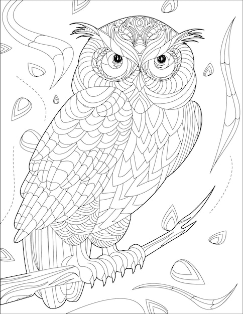 Premium vector owl standing on tree branch with geometric details line drawing for coloring book
