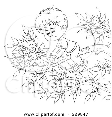 Coloring page outline of a boy on a tree branch posters art prints by