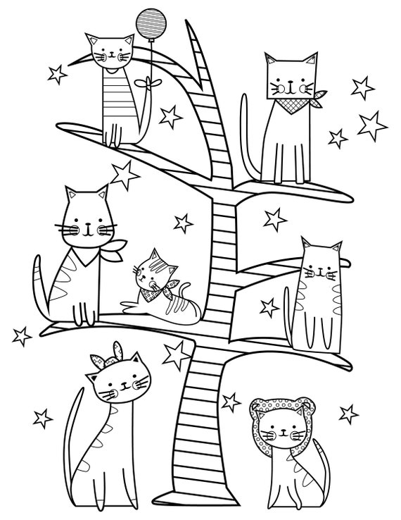 Printable cats on tree branches digital download cute cats coloring page animal lover