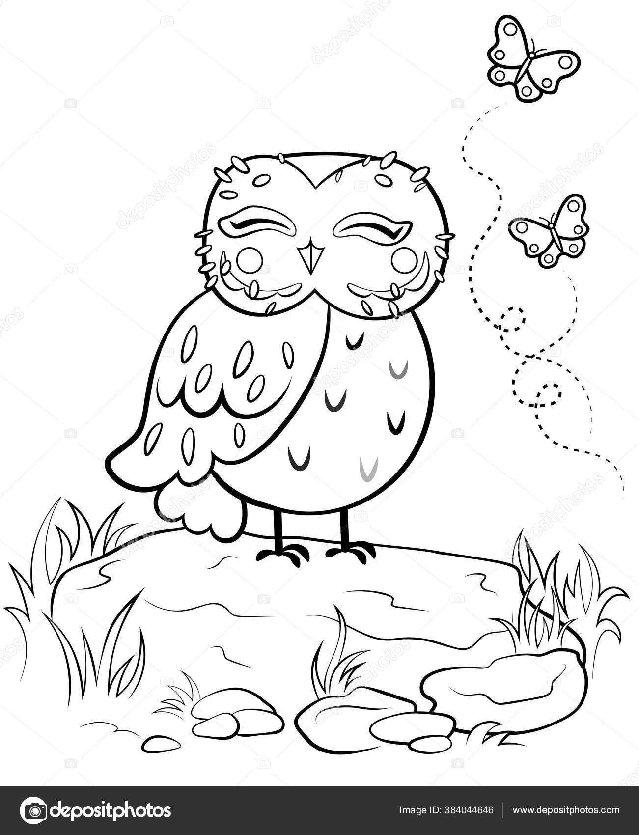 Printable coloring page outline cute cartoon owl stone butterflies vector stock vector by elenaparshina