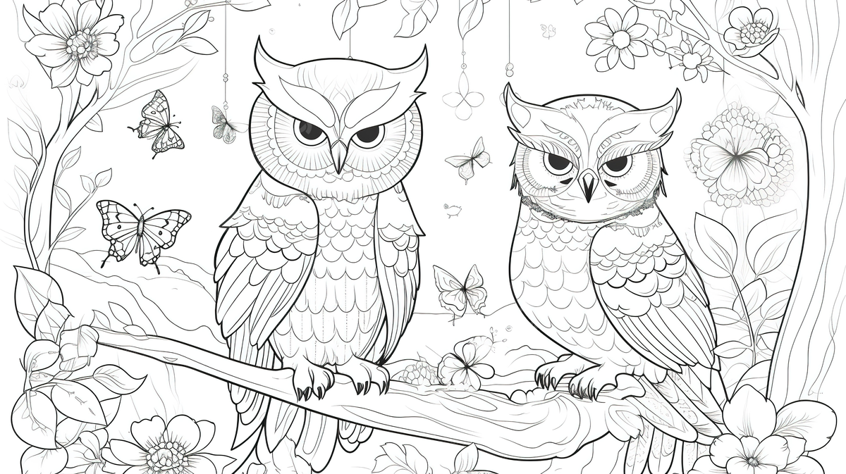 Adult coloring pages two owls on the branch background cute coloring picture background image and wallpaper for free download