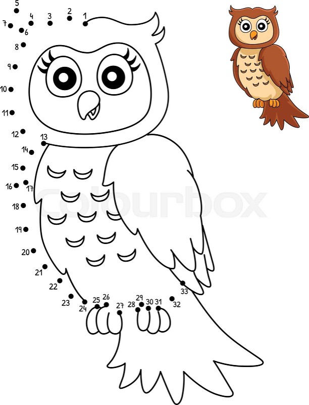 Dot to dot owl on a tree branch coloring page stock vector