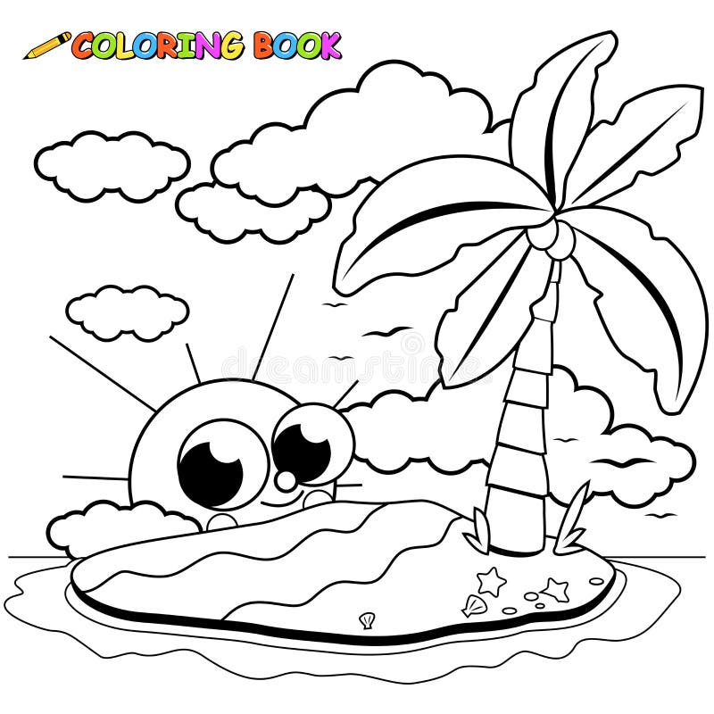 Island in the sea and cute cartoon sun vector black and white coloring page stock vector