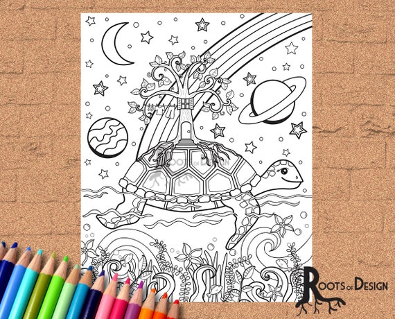 Instant download coloring page turtle island with the tree of life art print doodle art printable