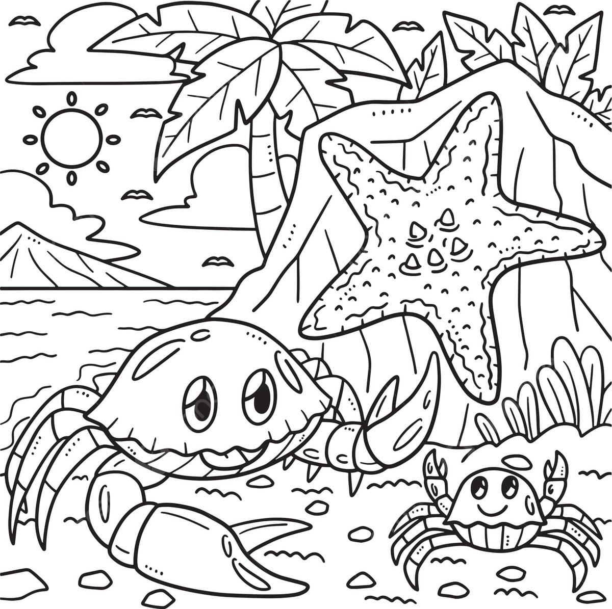 Coloring page of crabs and starfish on the beach in summer vector fish drawing beach drawing star drawing png and vector with transparent background for free download