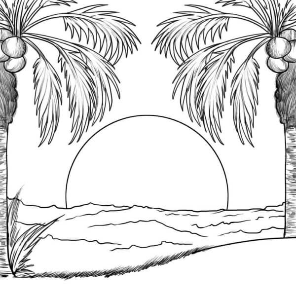Bright orange sunset on the sea coloring page