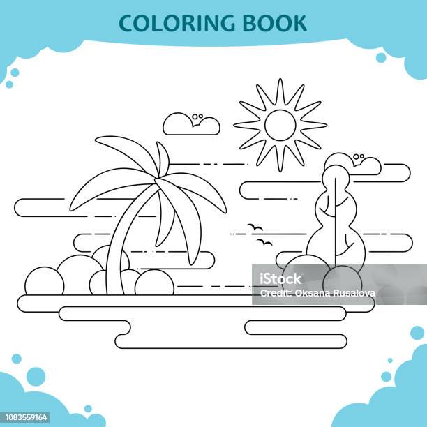 Coloring book page for kids the sea beach with palm tree flat design stock illustration