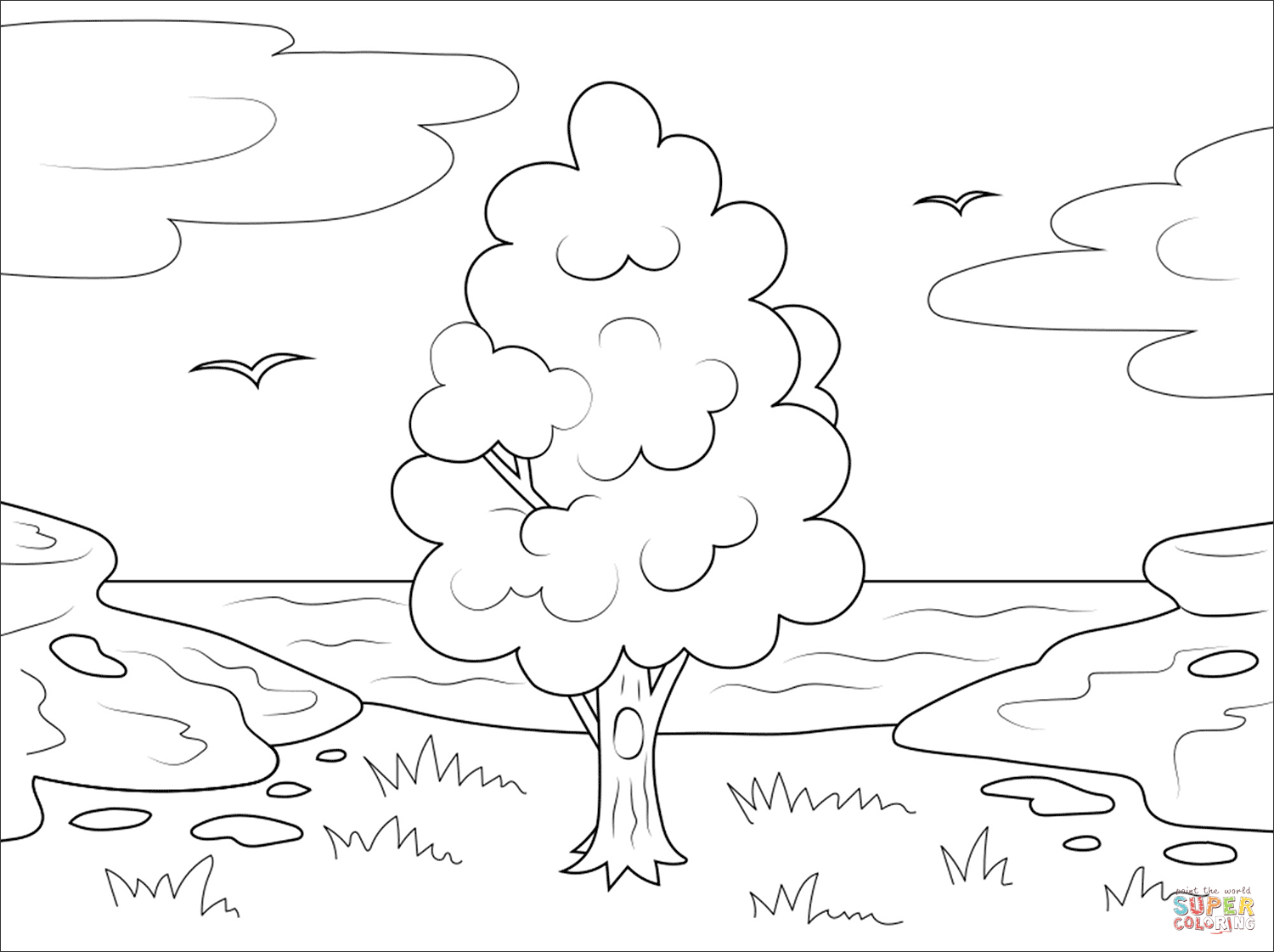 Tree and sea coloring page free printable coloring pages
