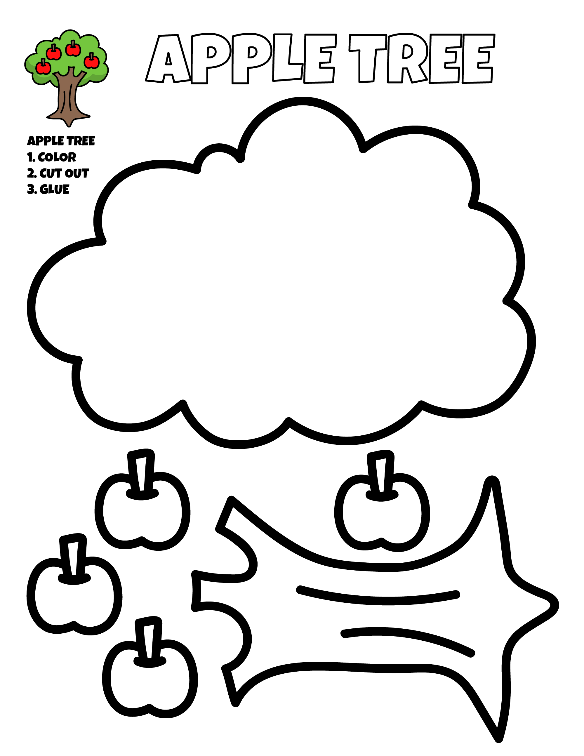 Apple tree cut and paste craft coloring worksheets for