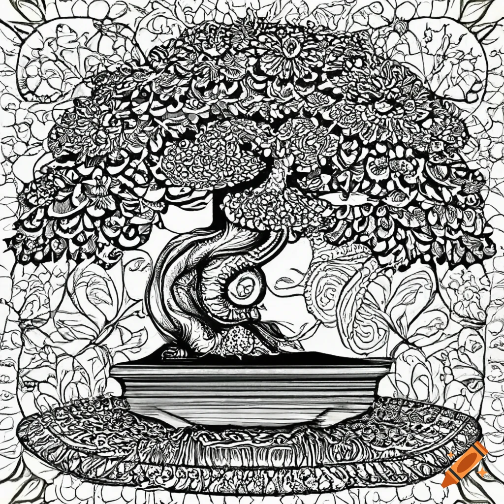 Intricate black and white adult coloring page of a bonsai tree with mandala designs on