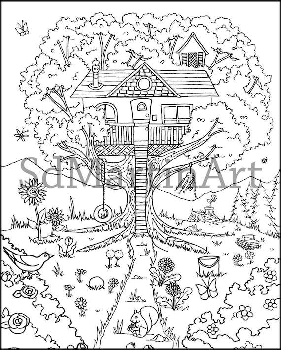 Happy little tree house printable adult coloring book page for adults teens and kids coloring sheet instant download