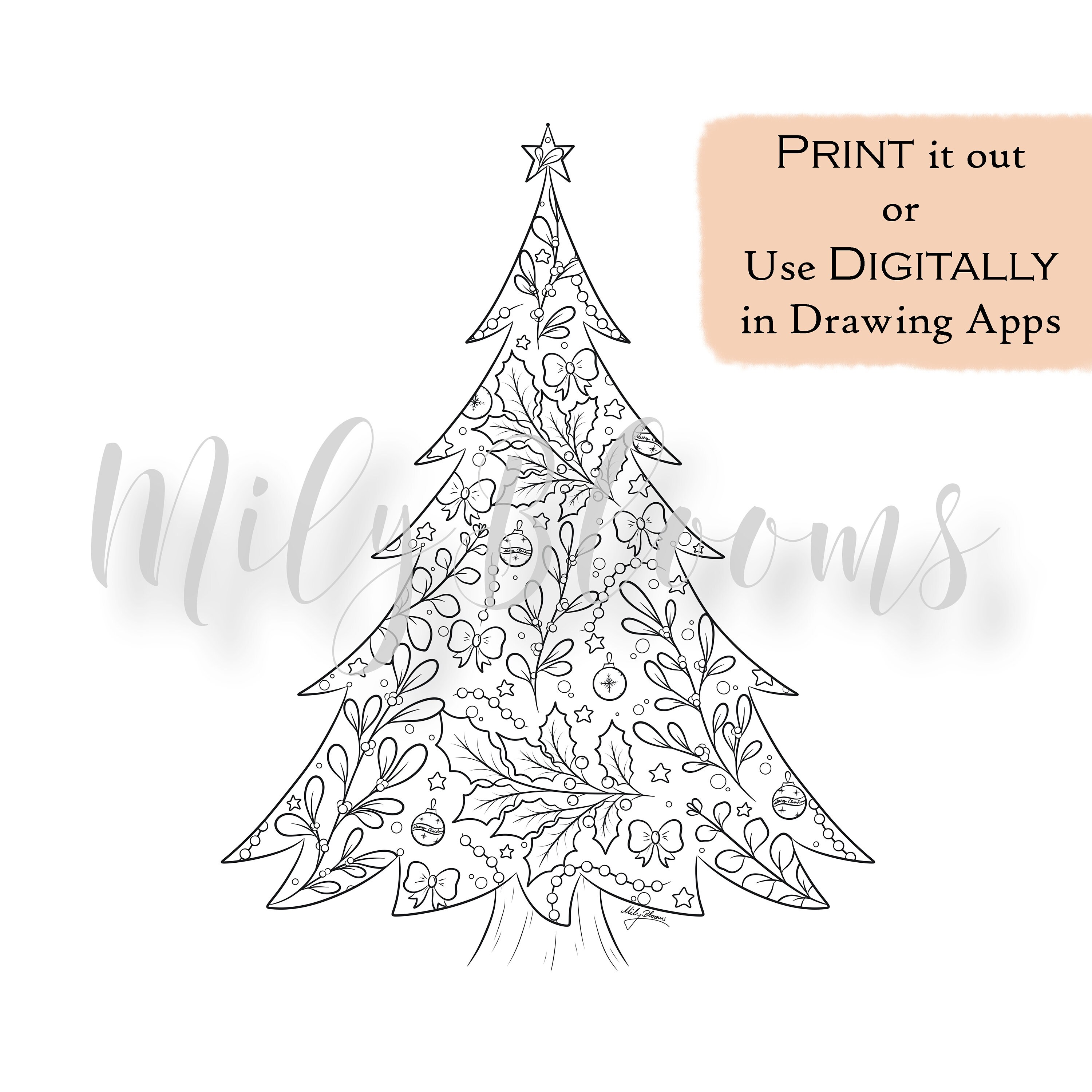 Printable digital adults coloring page christmas tree digistamp with and without background jpg png pdf files