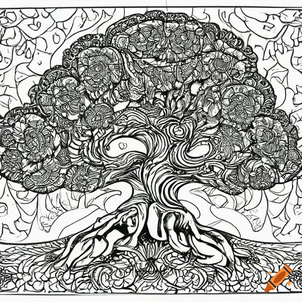 Intricate black and white adult coloring page of a bonsai tree with mandala designs on