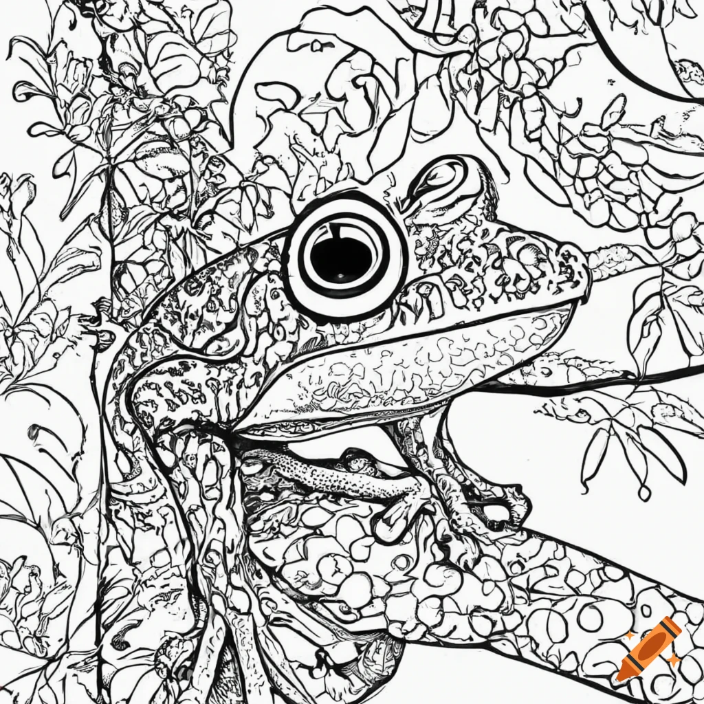 Printable black and white coloring page of a tree frog with intricate details on