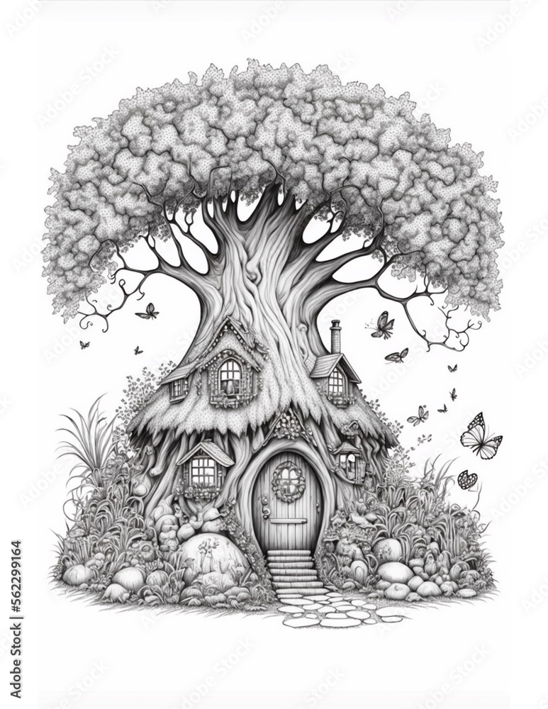 Fairy tree house coloring page generative ai illustration