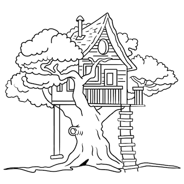 Premium vector black and white tree house outline illustration for coloring book