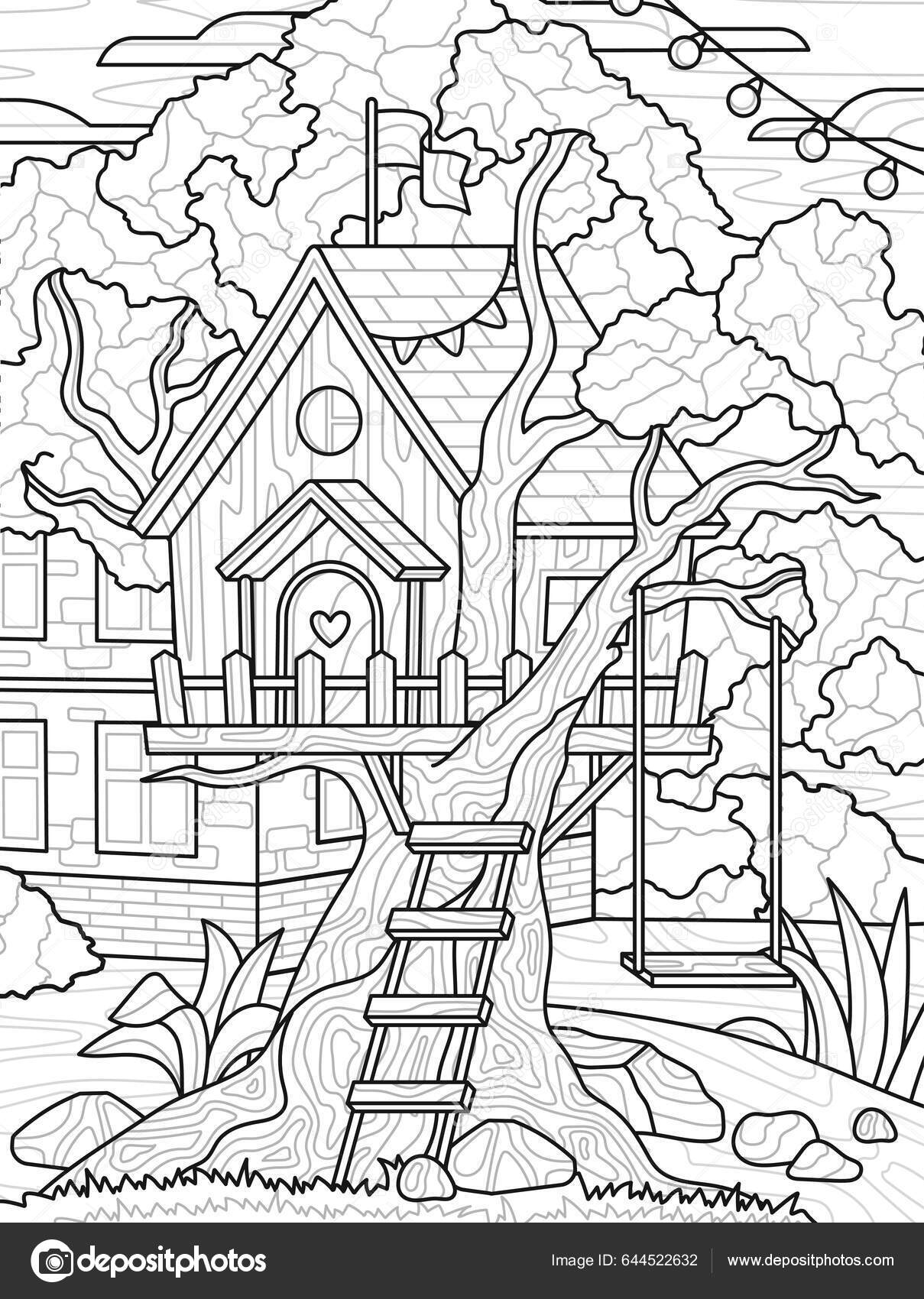 Design coloring book tree house backyard young children entertainment antistress stock vector by mymentalhealth