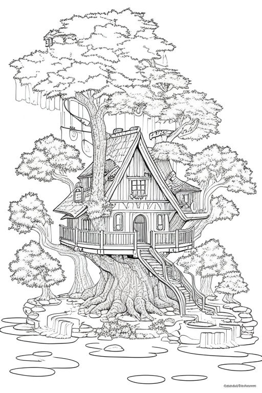 Coloring page of a fantasy redwood forest with small tree houses connected with bridges