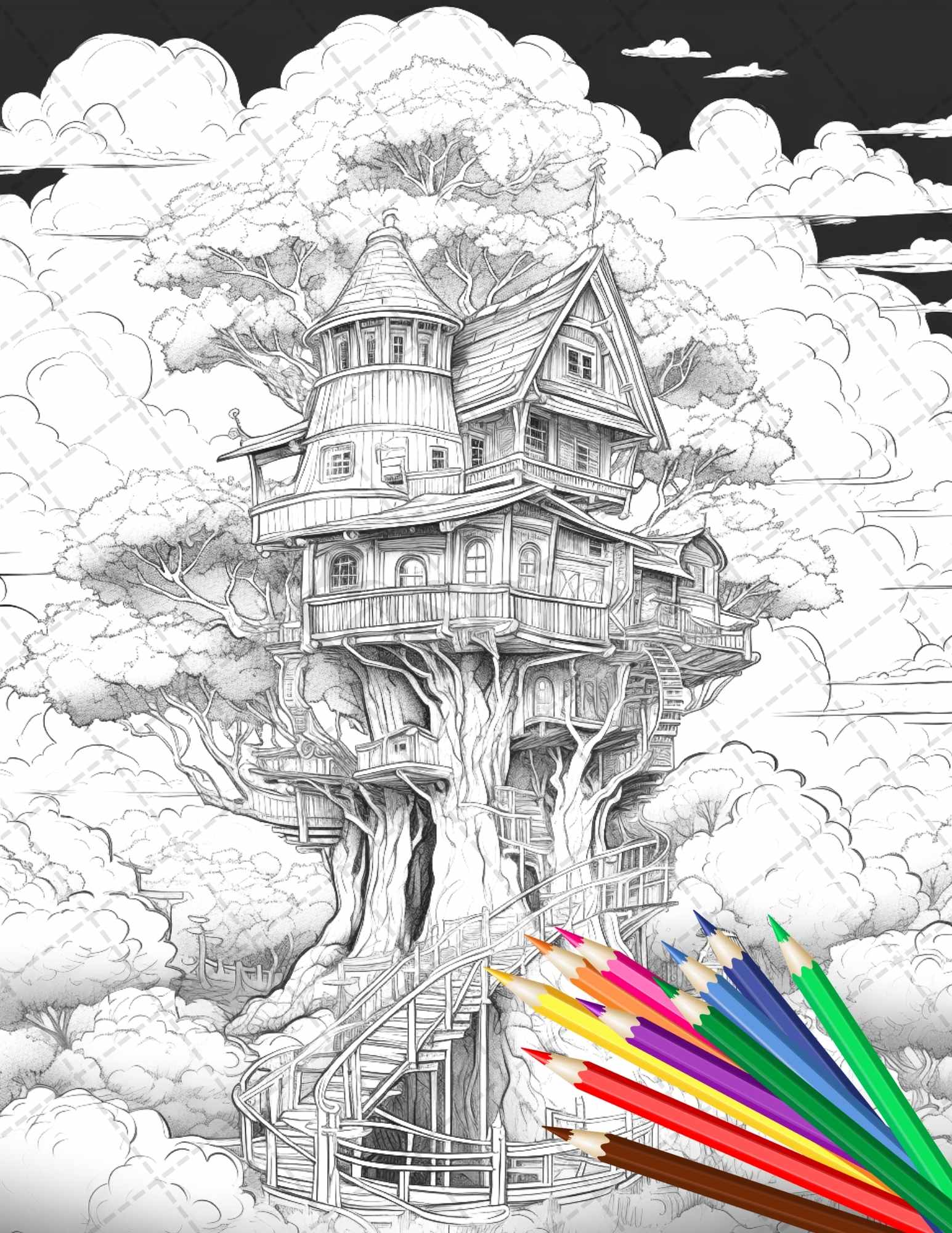 Enchanted treehouse coloring book printable for adults grayscale â coloring