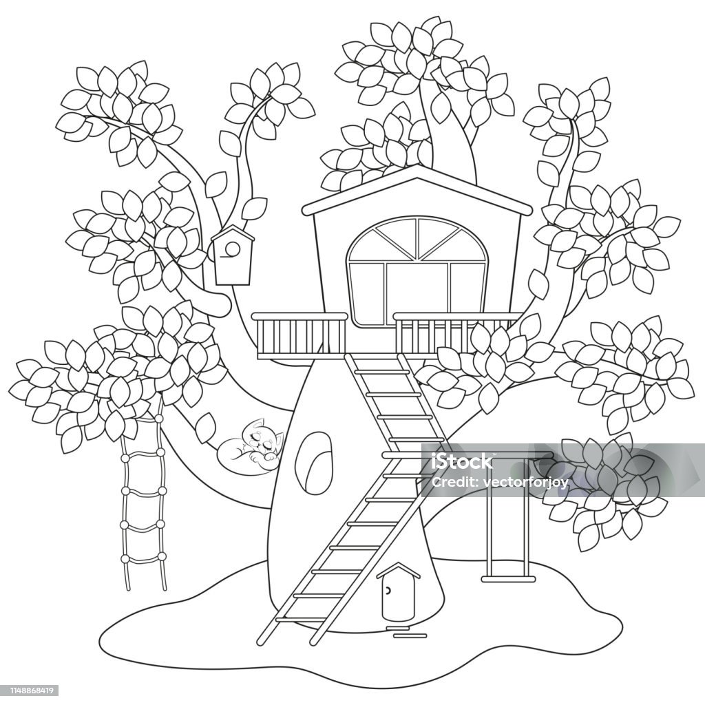 Treehouse coloring book page for kids vector illustration stock illustration