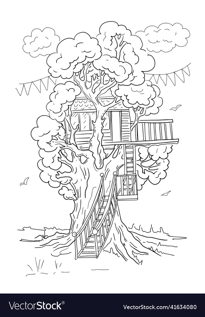 Tree house coloring book for kids flags hand drawn