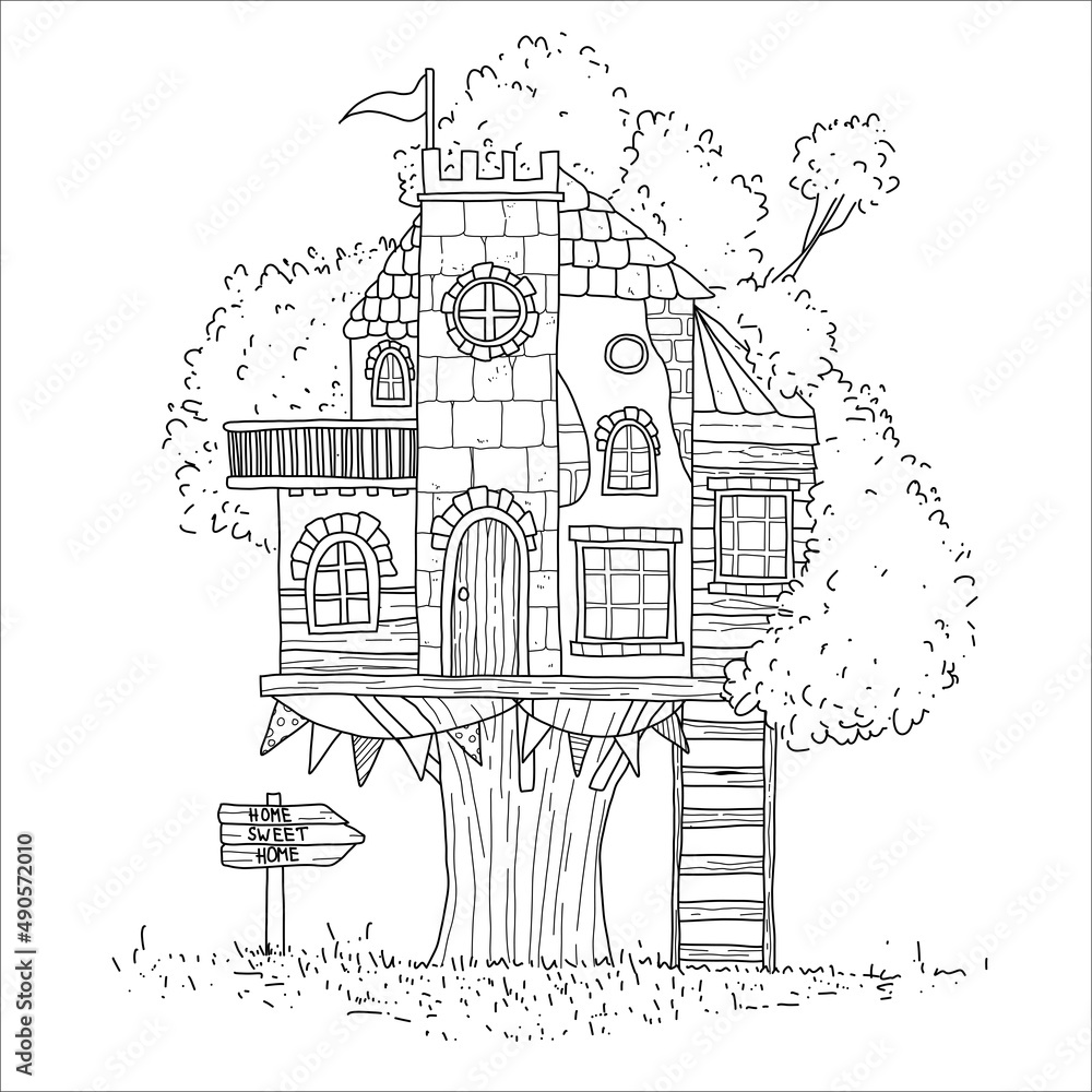 Hand drawn coloring page cute treehouse with grass tree stairway vector