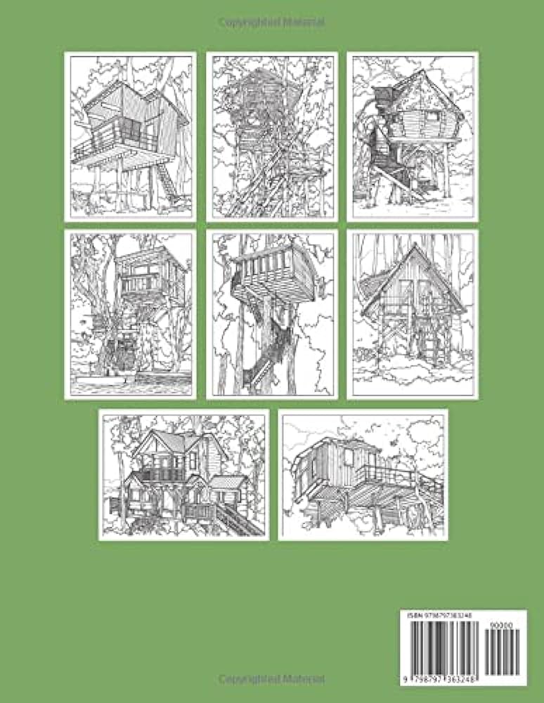 Tree house coloring book treehouse vacation home and cabin building architectural coloring book for adult relaxation yuri pixie books