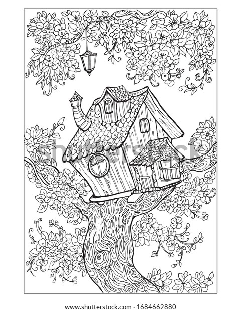 Coloring pages children adults tree house stock vector royalty free