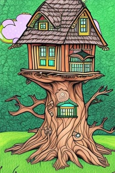 Fantasy fairy tree house coloring page