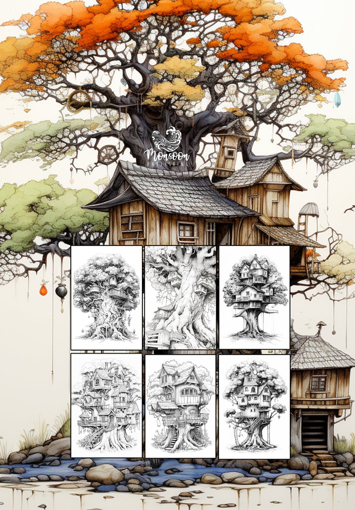 Tree houses grayscale coloring book printbook â monsoon publishing usa