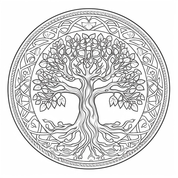 Premium ai image a coloring page with a tree of life in a circle generative ai