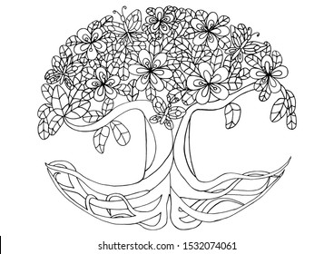 Outline tree flowers butterflies monochrome coloring stock illustration