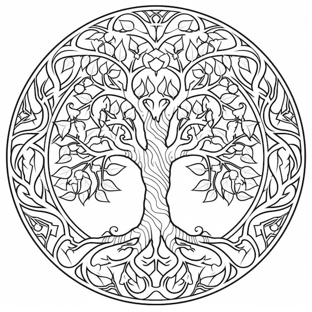 Premium ai image a coloring page with a tree of life in the middle generative ai