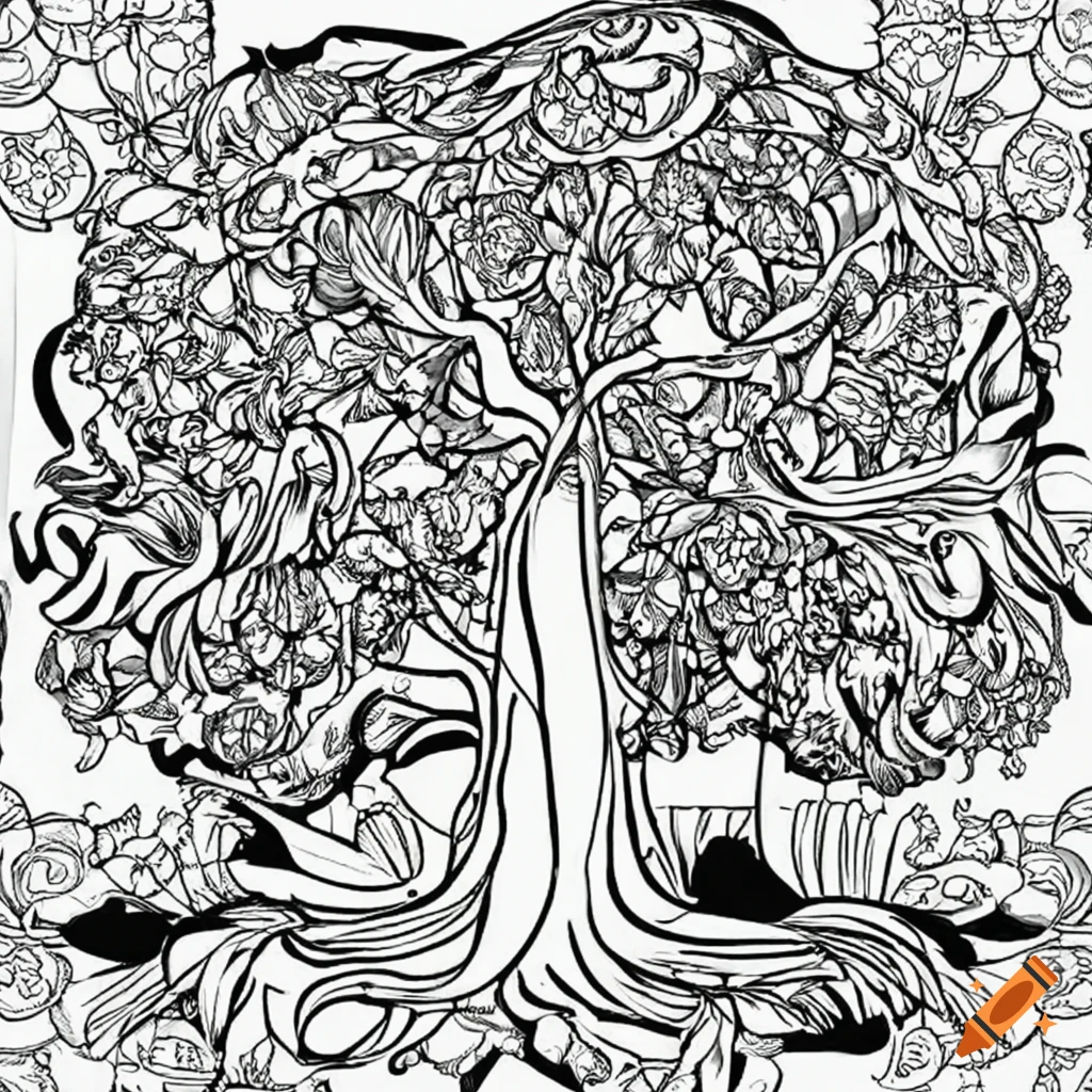 Black and white coloring book illustration of animals in a tree of life on