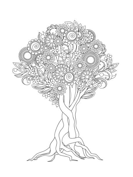 Outline tree with flowers mandalas roots and leaves stock illustration