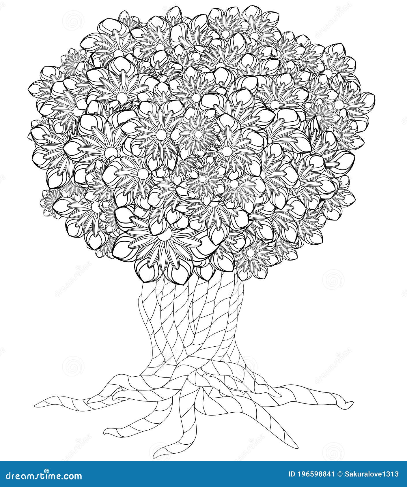 Blossom tree coloring book for adult doodles for meditation stock illustration