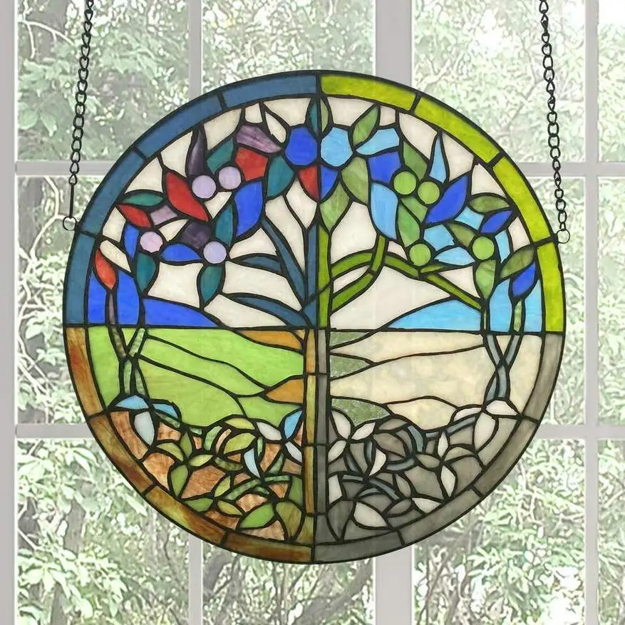 Tiffany style tree of seasons round stained glass window panel suncatcher