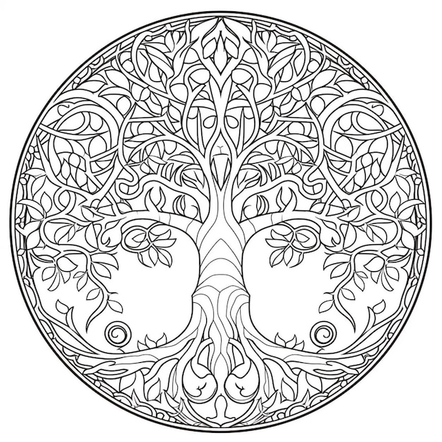 Premium ai image a coloring page with a tree of life in the middle generative ai