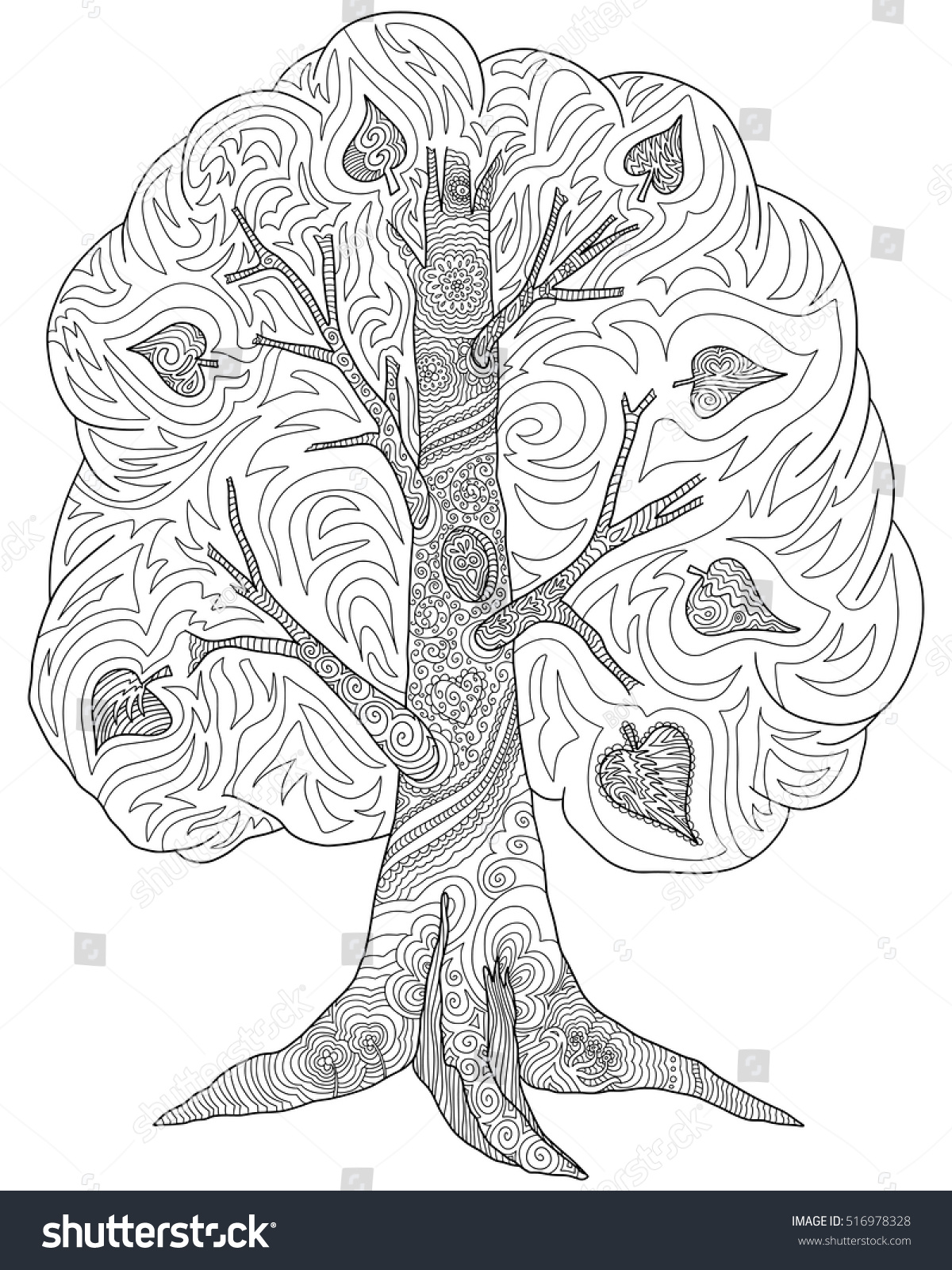 Hakuun doodle coloring book adult tree leaves liittyvã vektorikuva rojaltivapaa