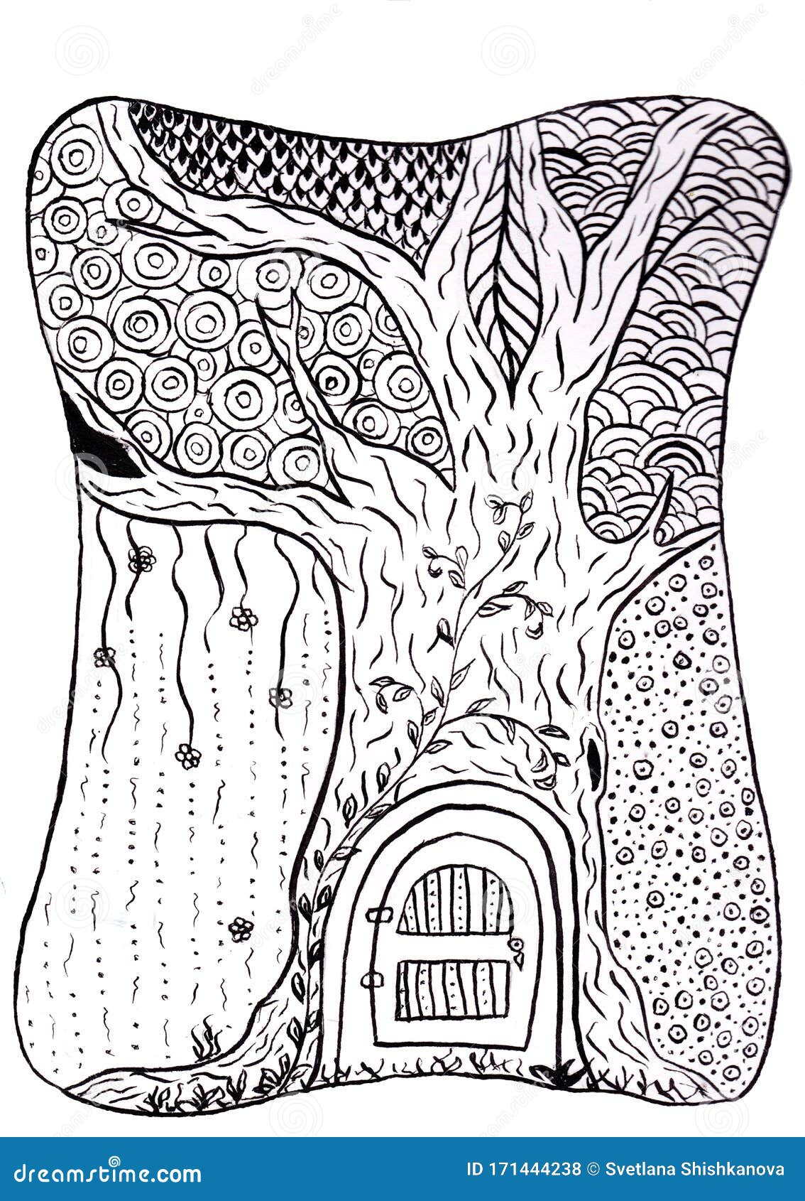 Fairytale fantasy house in tree trunk magical hand drawn illustration stock illustration