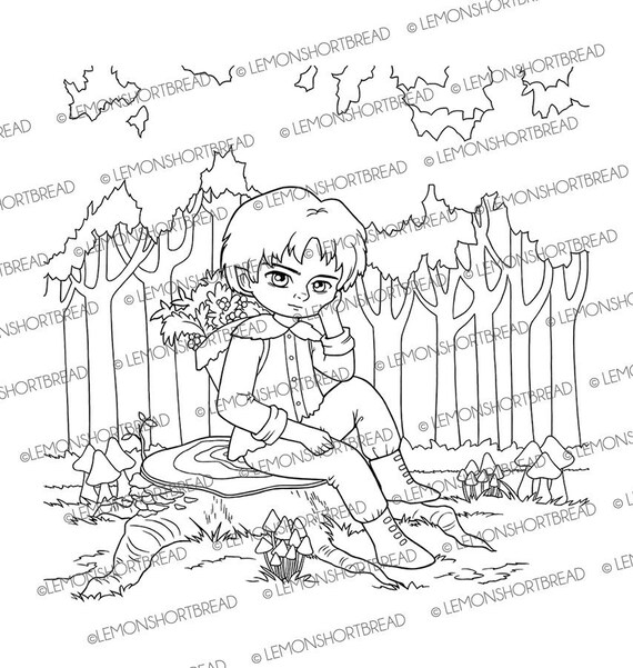 Digital stamp tree trunk seat digi printable coloring page fantasy male elf mushroom forest autumn fall harvesting instant download