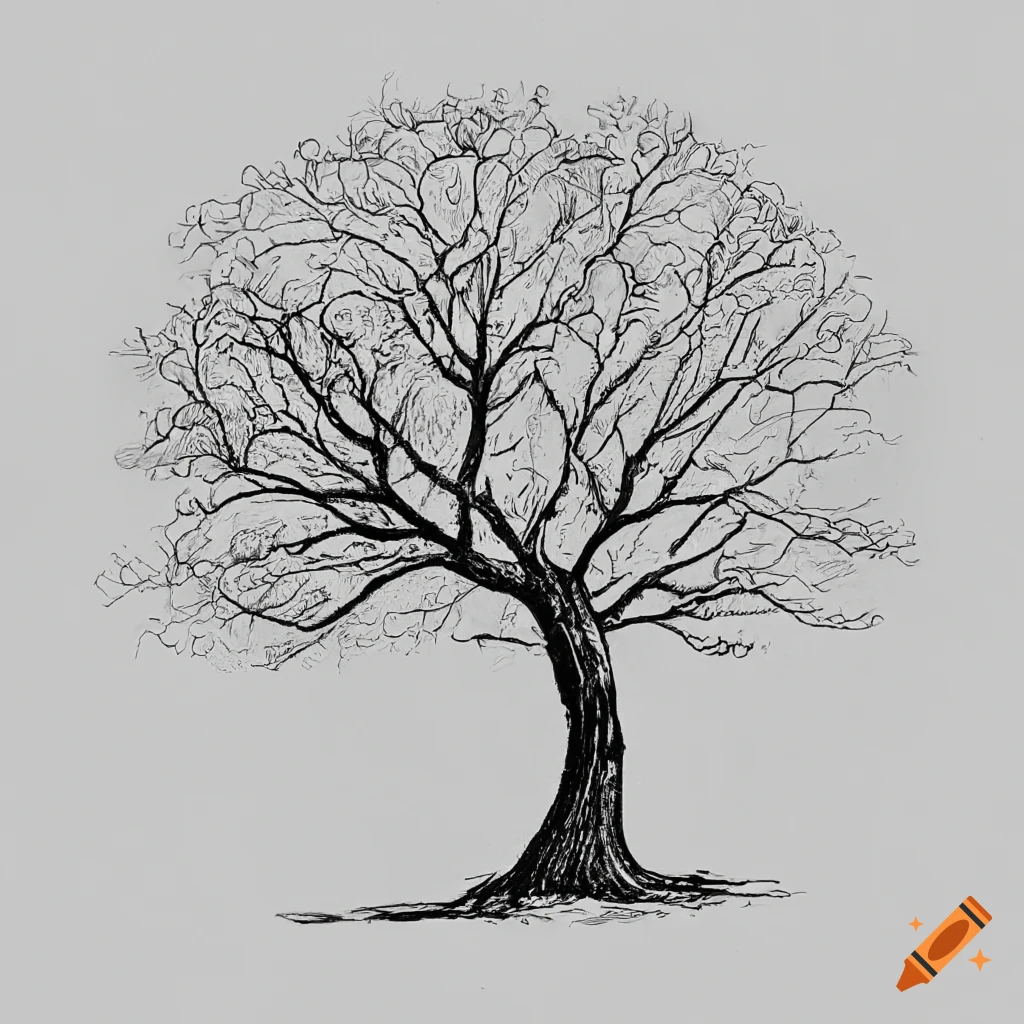 Draw me a black and white coloring page representing an oak without leaves the oak will be inscribed in a circle you have to see the whole circle the image will be