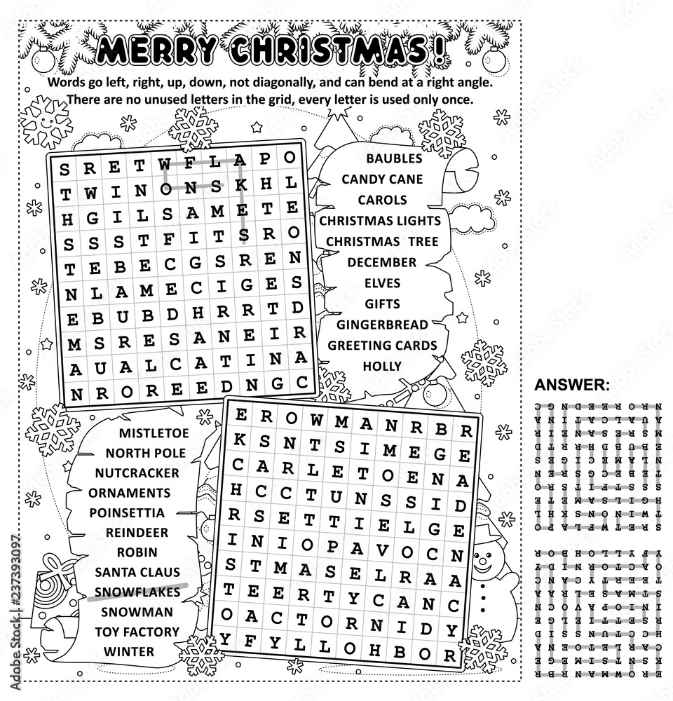 Christmas themed zigzag word search puzzle and coloring page answer included vector