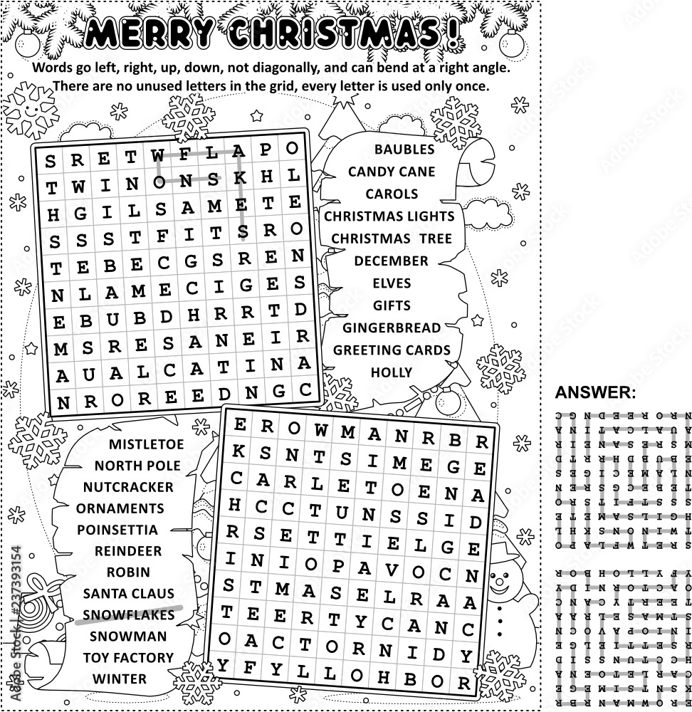 Christmas themed zigzag word search puzzle and coloring page answer included vector