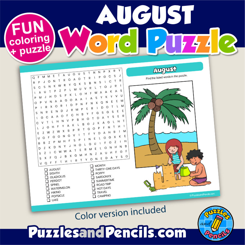 August word search puzzle activity page and coloring august wordsearch made by teachers