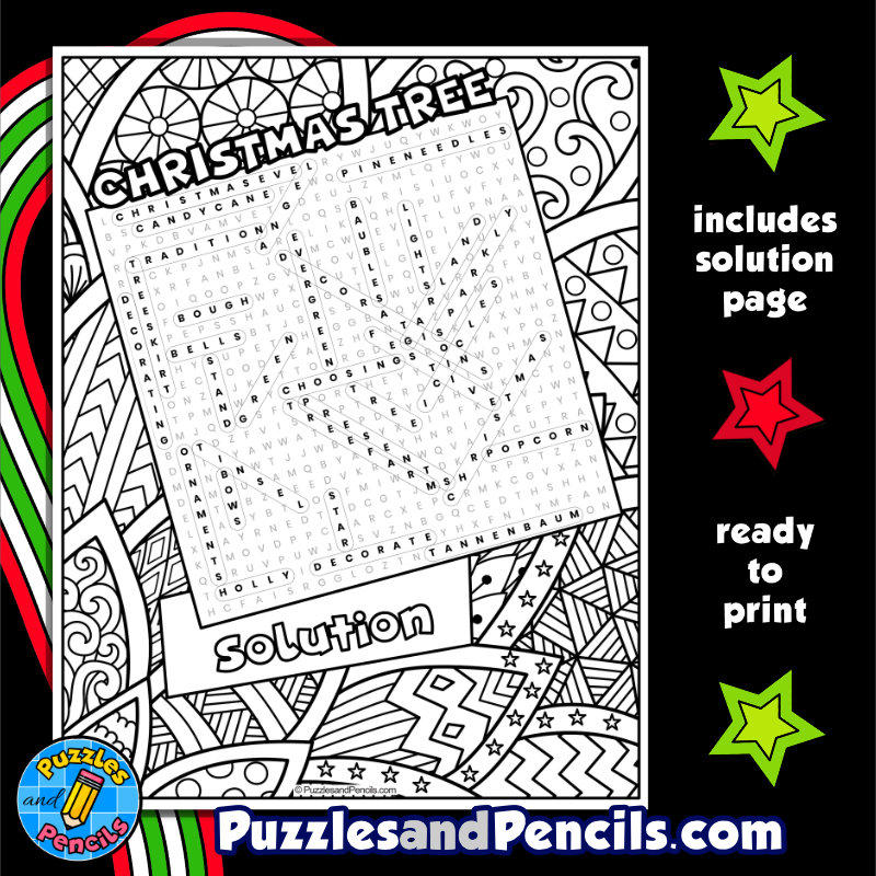 Christmas tree word search puzzle activity page with coloring wordsearch made by teachers