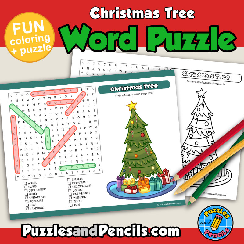 Christmas tree word search puzzle activity page with coloring wordsearch made by teachers