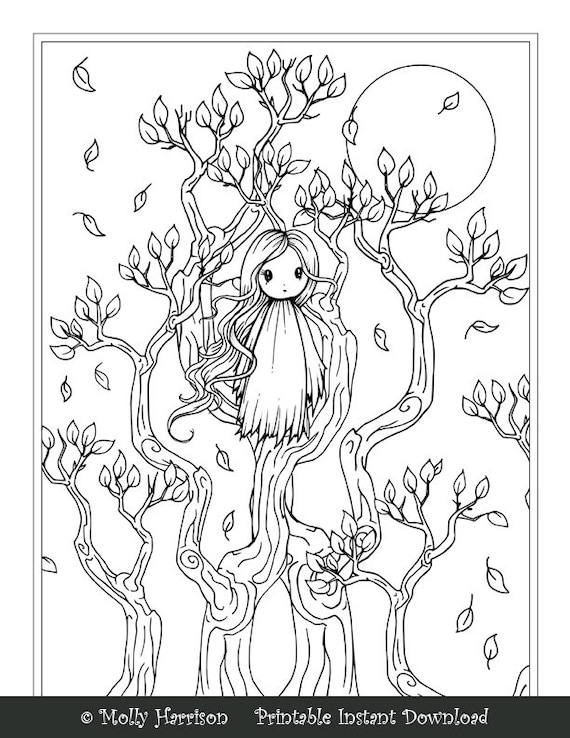 Little ghost in the trees coloring page line art whimsical