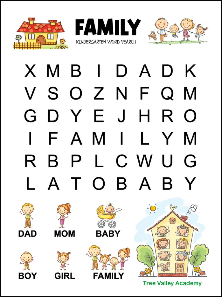 Tree valley academy on x easy family word search printable for kindergarten or preschool aged children free to download and print each of the words to find have a picture beside it